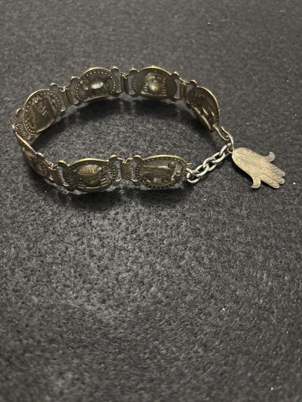 Antique Egyptian Hamsa Engraved Symbols Bronze Tone 9" Panel Bracelet